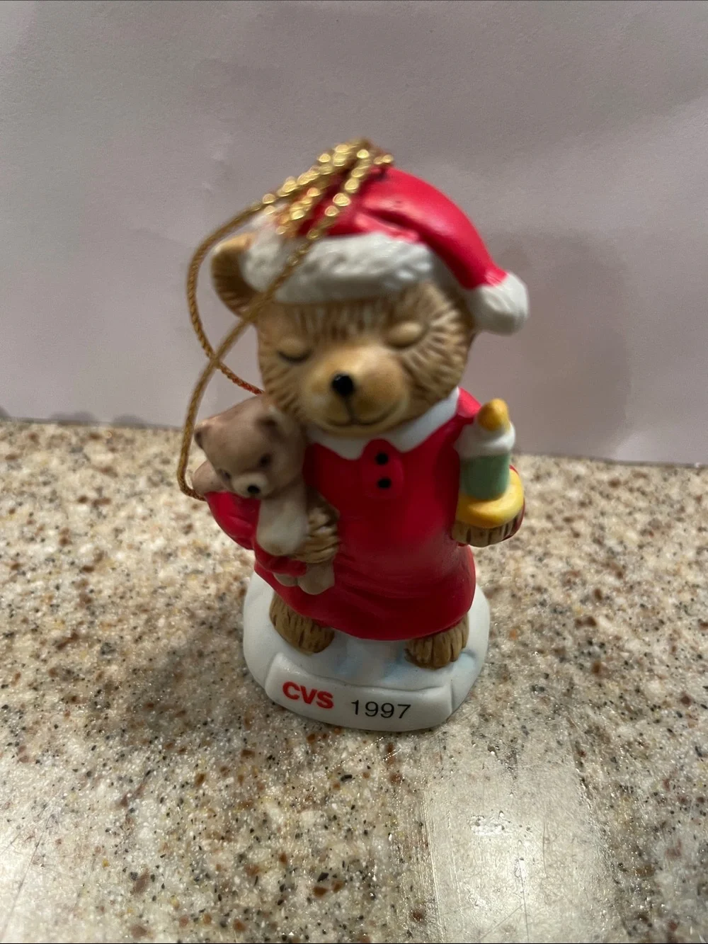 Vtg collectible CVS 1997 Red Santa Bear Ornament with Gold Cord